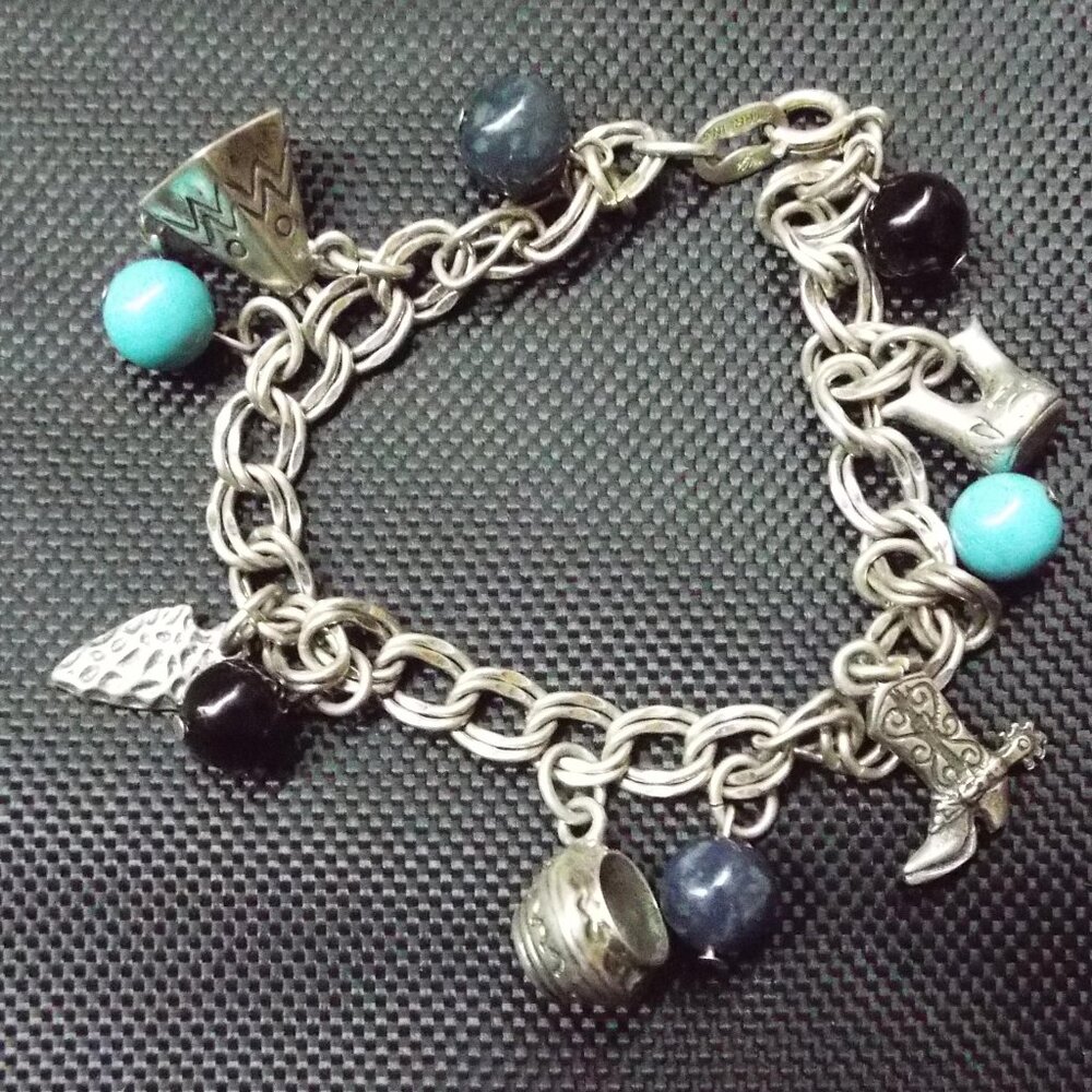 NAVAJO CARLISLE JEWELRY IN NM STERLING TURQUOISE LAPIS 25 GRAMS CHARM BRACELET 1